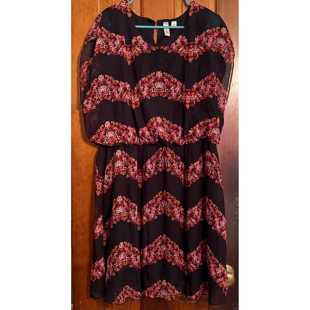 Tacera Pink Orange Floral Chevron Chiffon Blouson Dress 1X